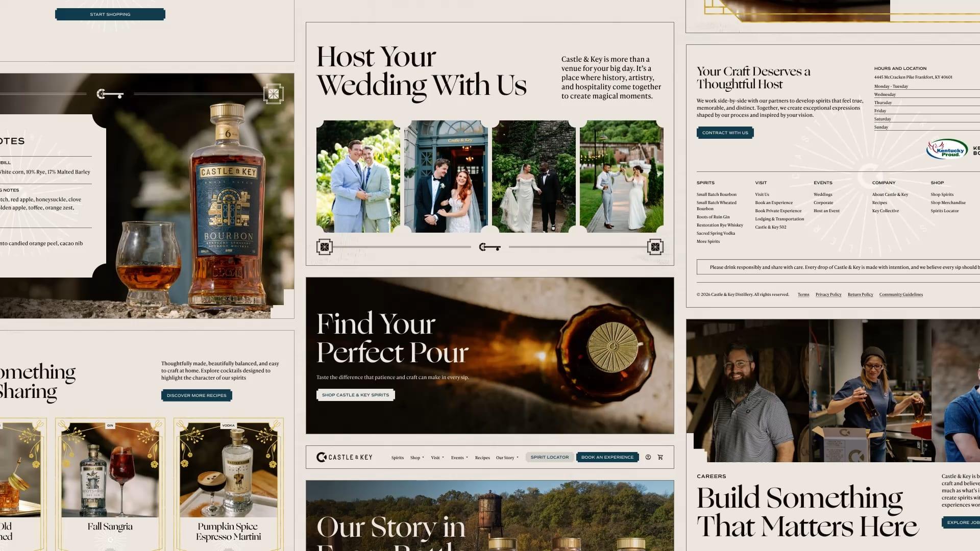 Collage of Castle & Key website pages covering weddings, cocktail recipes, gift shop items and the distillery's story