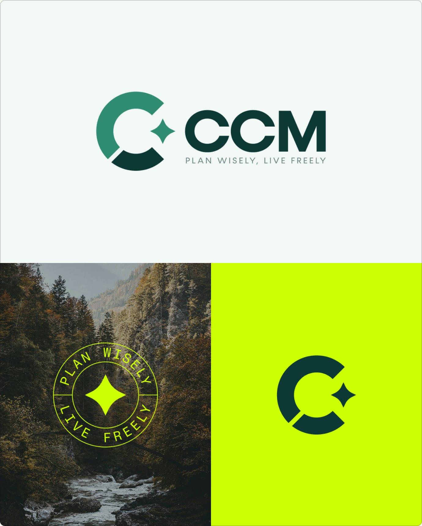 CCM logo lockups: horizontal wordmark, a "Plan Wisely, Live Freely" seal over a forest river, and the C mark on lime green