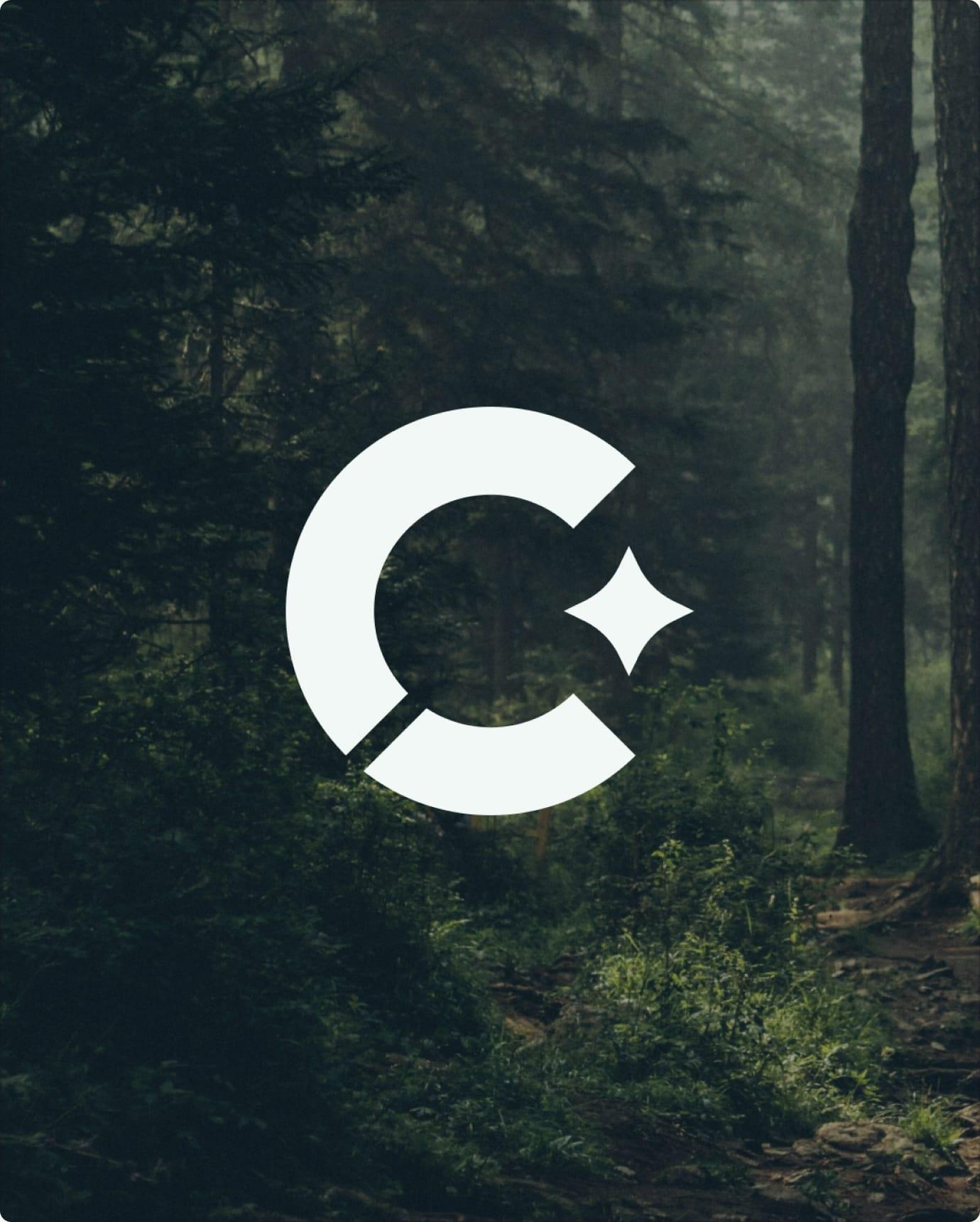 White CCM C mark with North Star over a misty forest