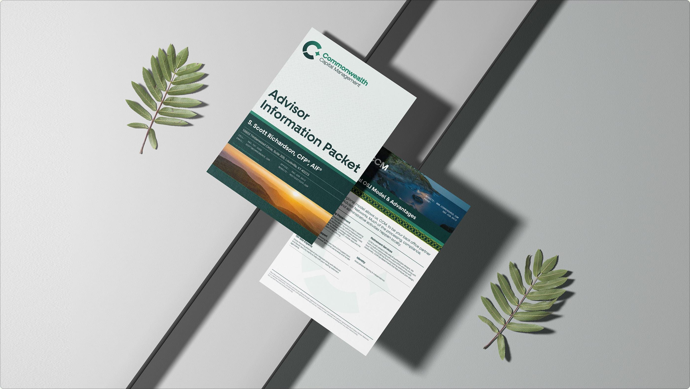 CCM Advisor Information Packet brochures laid on a grey surface with green leaves