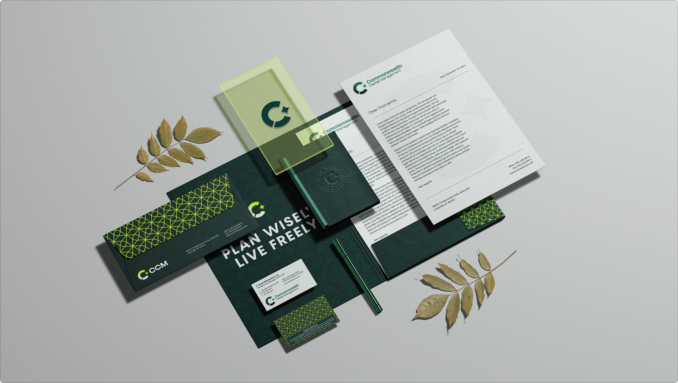 CCM stationery suite: letterhead, envelope, business cards and folder in deep green with lime pattern