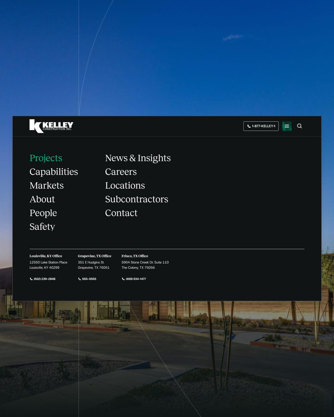The website's full-screen navigation menu listing Projects, Capabilities, Markets, About, People, Safety and office locations