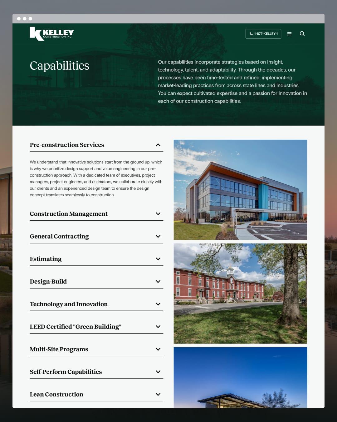 The Capabilities page with an accordion of construction services beside photos of completed buildings
