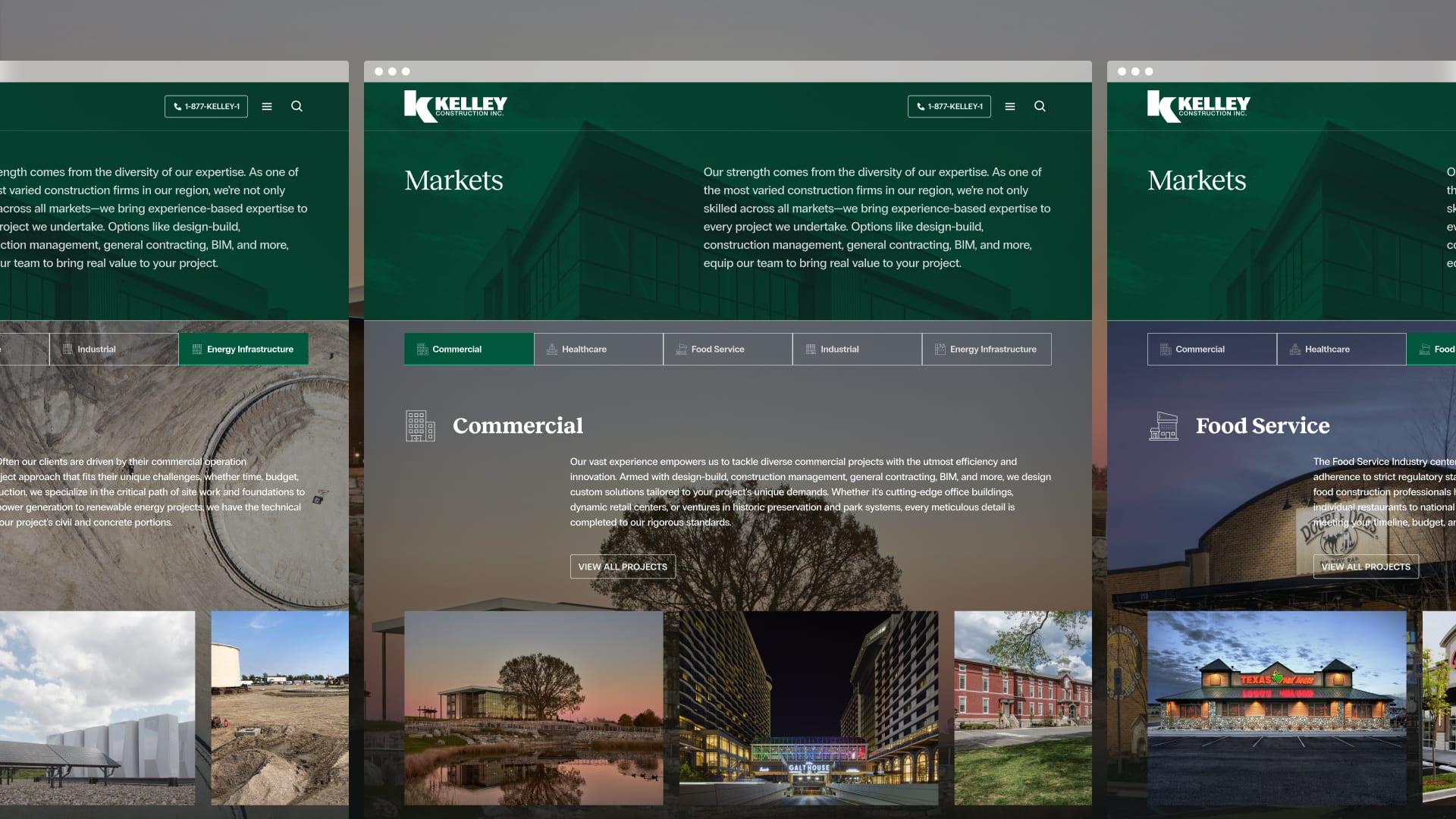 Three Markets page layouts side by side, showing the Commercial and Food Service tabs with project photos