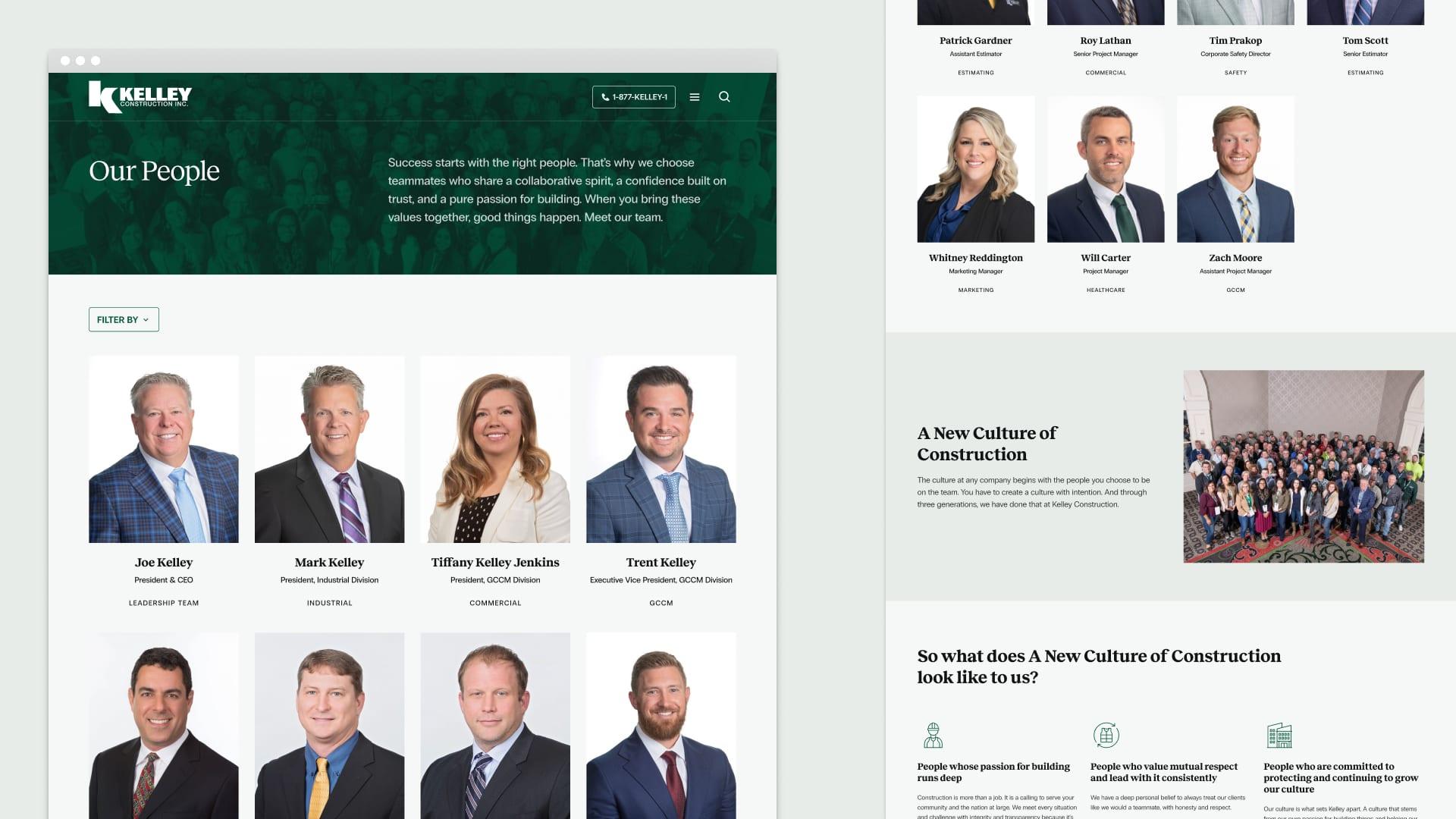 The Our People page with a grid of team headshots, next to a section on Kelley's new culture of construction