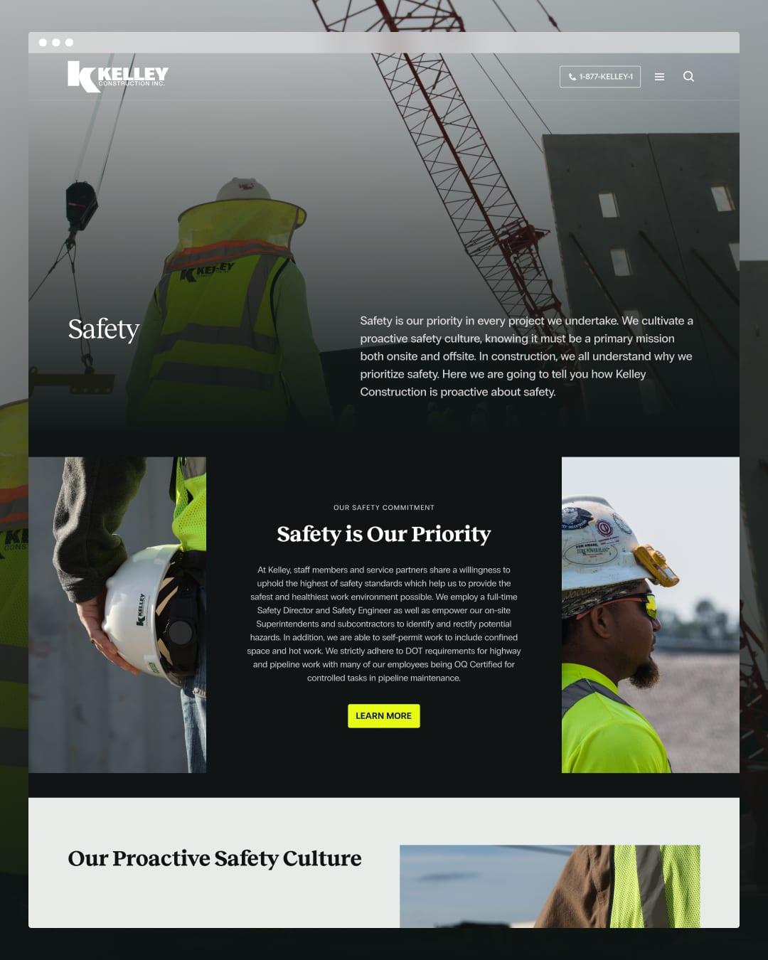 The Safety page with a crane hero image and a “Safety is Our Priority” section framed by photos of workers