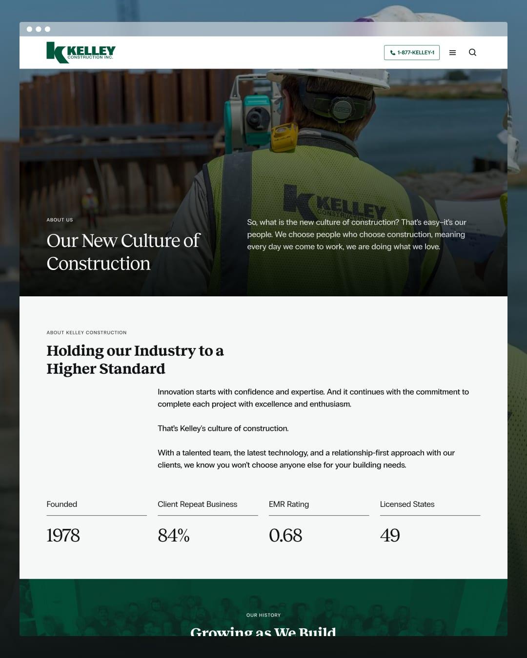 The About page headlined “Our New Culture of Construction,” with company stats: founded 1978, 84% client repeat business, 0.68 EMR rating and 49 licensed states