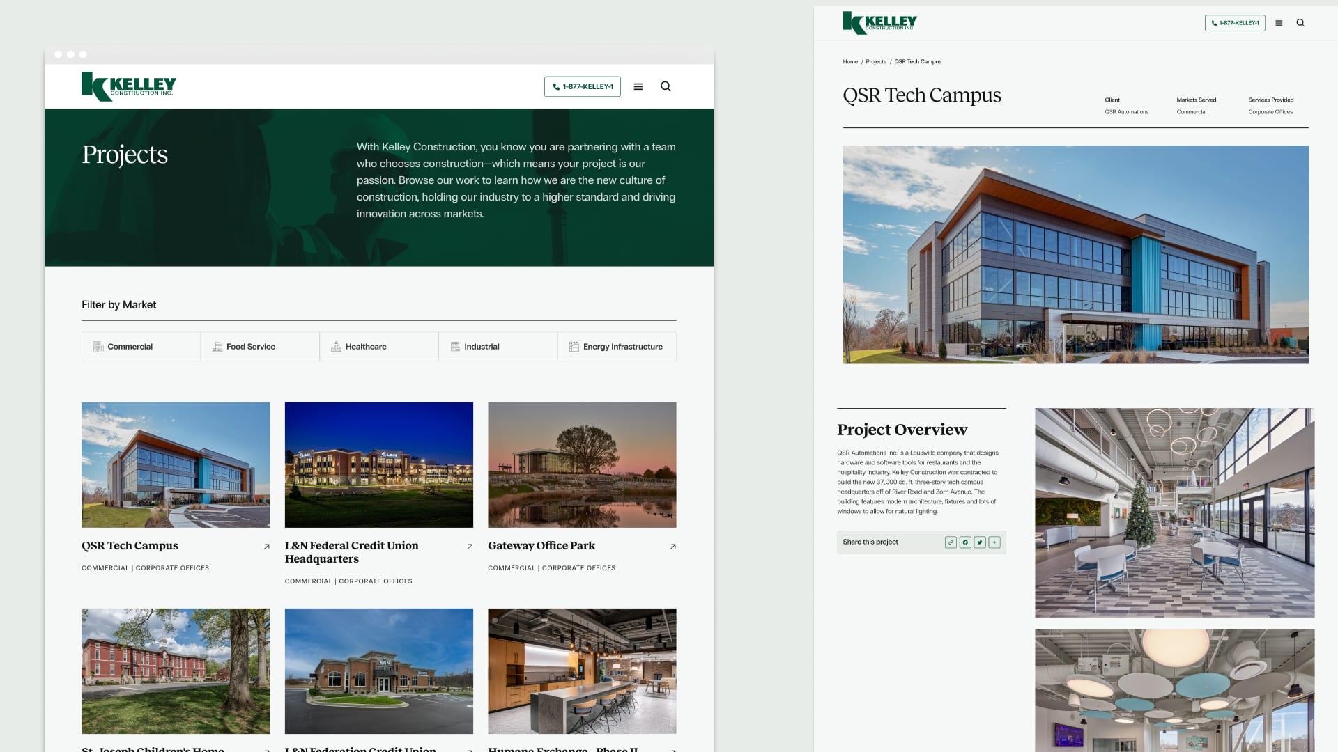 The Projects listing page filtered by market, next to the QSR Tech Campus project detail page
