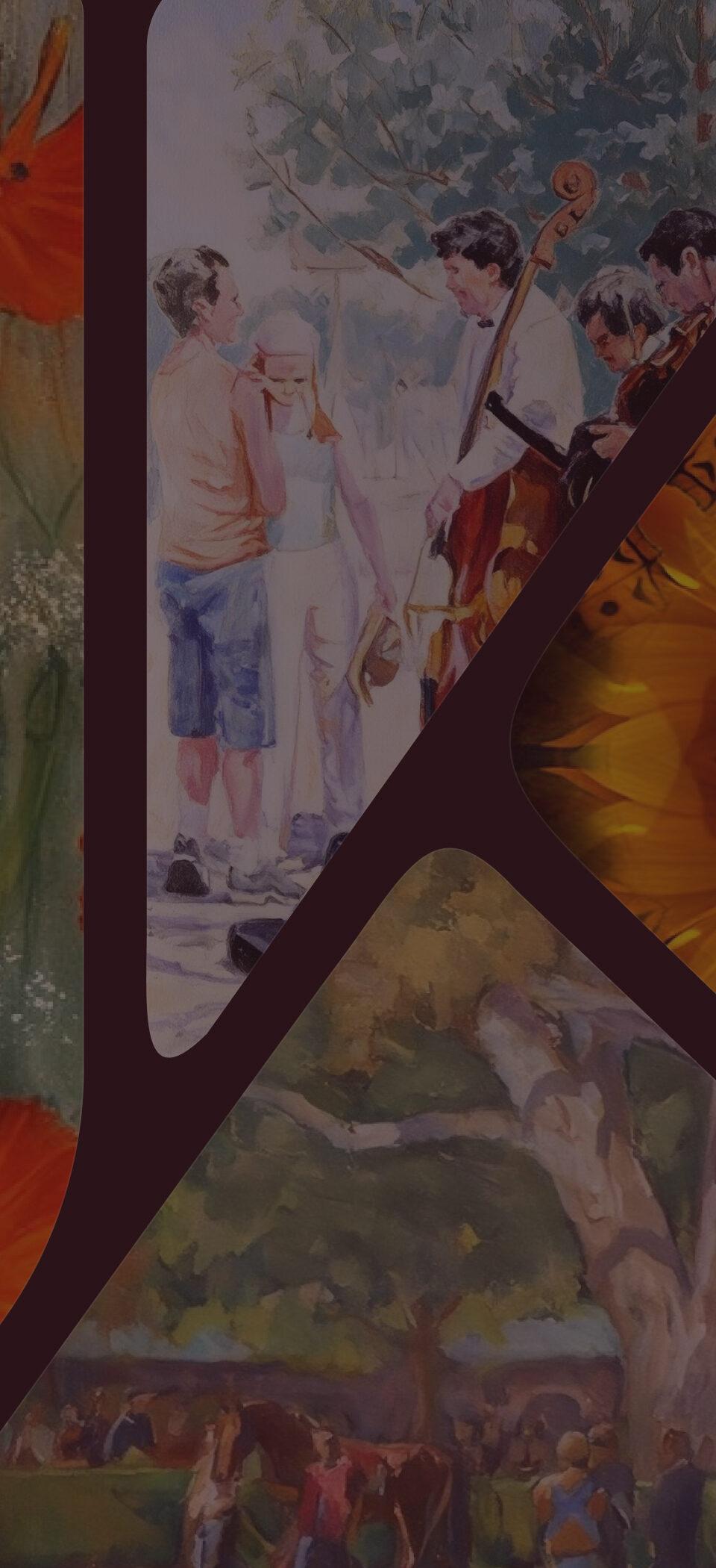 Collage of Kentucky artworks, a painted street scene with a cellist, a landscape and a sunflower, framed by the cut shapes of the new K mark