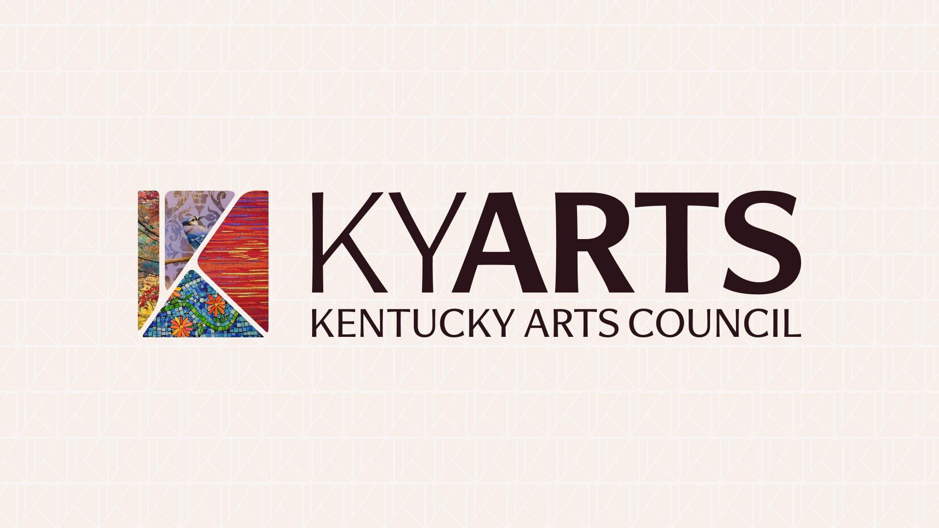 The new KYARTS Kentucky Arts Council logo, with the K mark filled by pieces of artwork, on a light patterned background