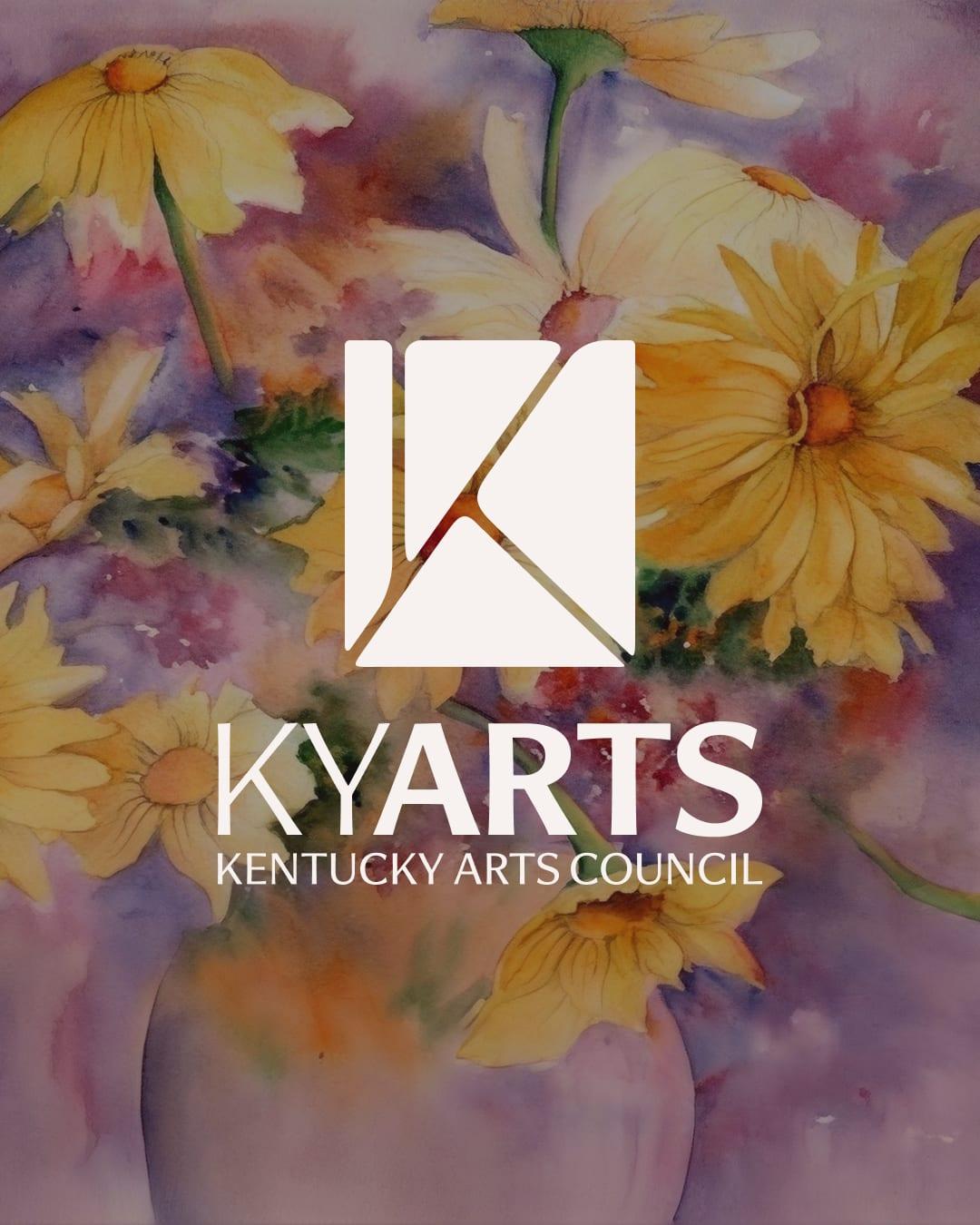 The KYARTS logo in white over a watercolor painting of yellow flowers