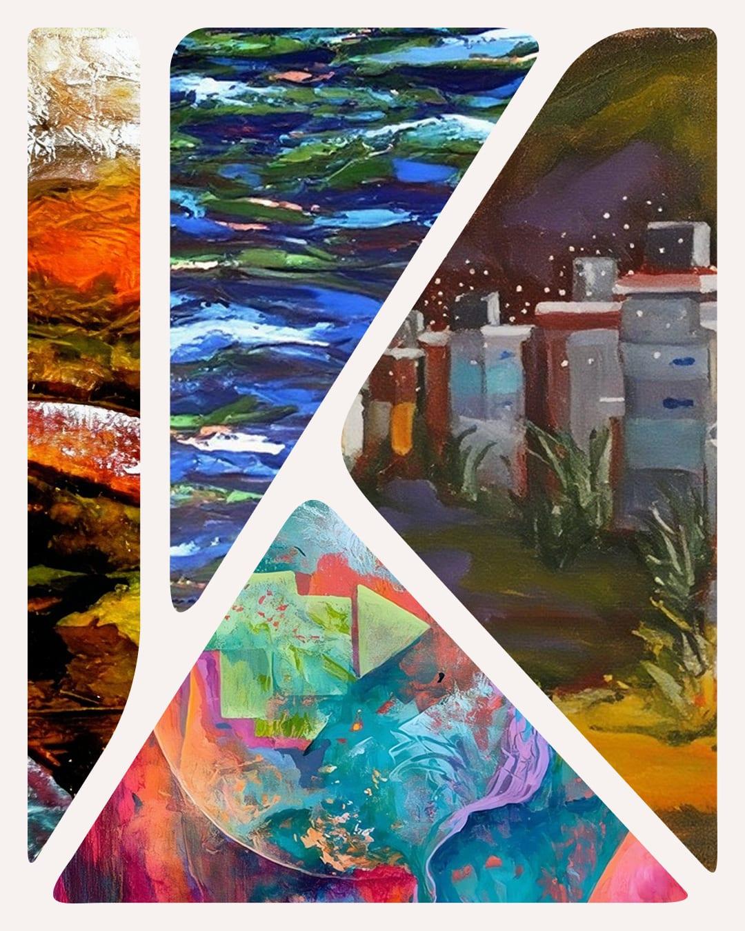 Colorful paintings arranged inside the cut shapes of the K mark