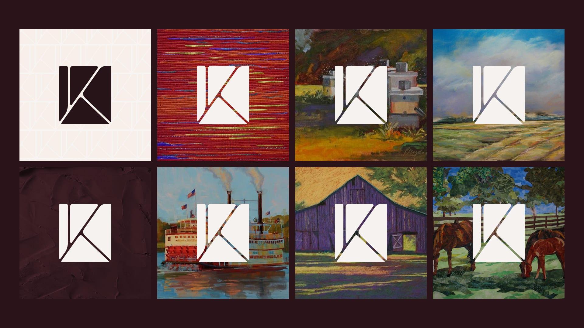 Grid of K mark app icons and tiles, each set over a different Kentucky painting