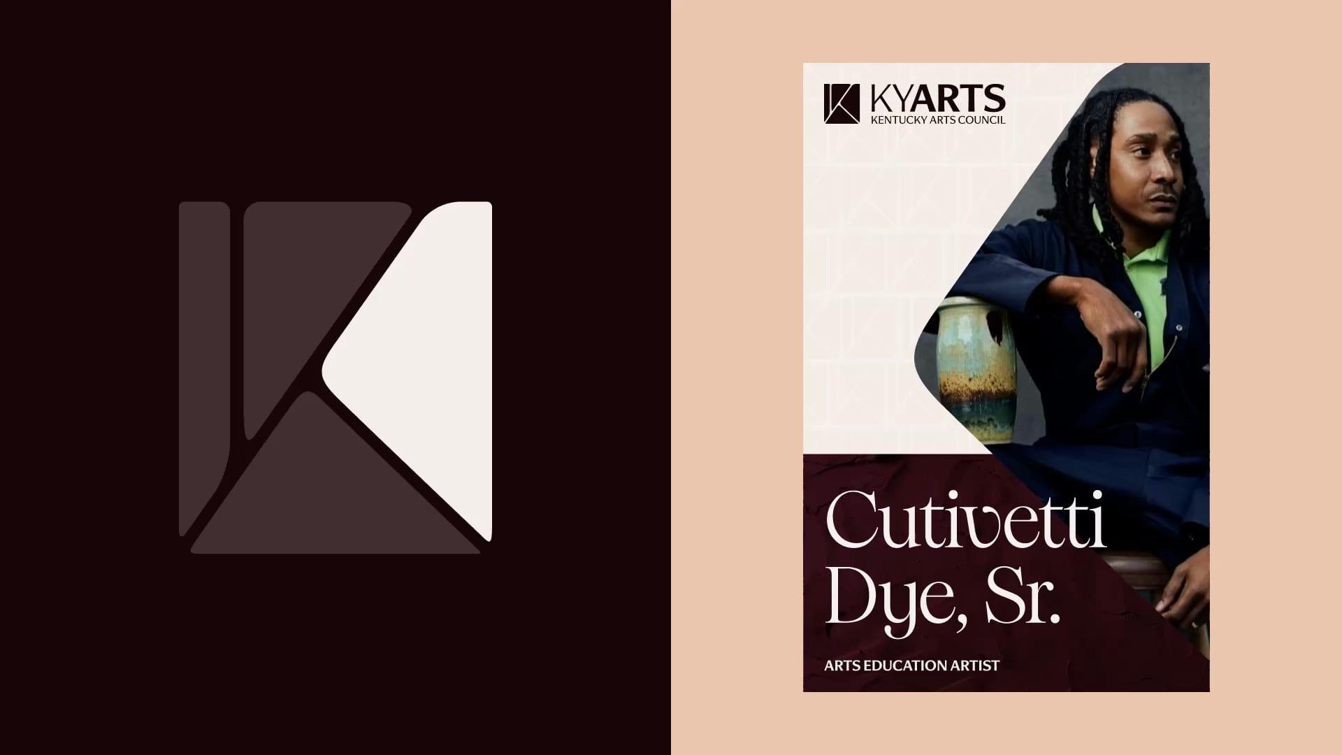 Large K mark beside a KYARTS artist poster for arts education artist Cutivetti Dye, Sr.