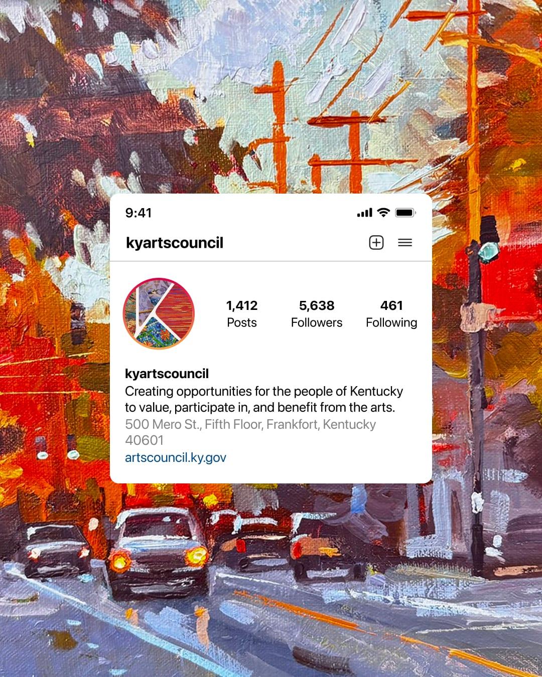 The kyartscouncil Instagram profile shown over a painting of a city street