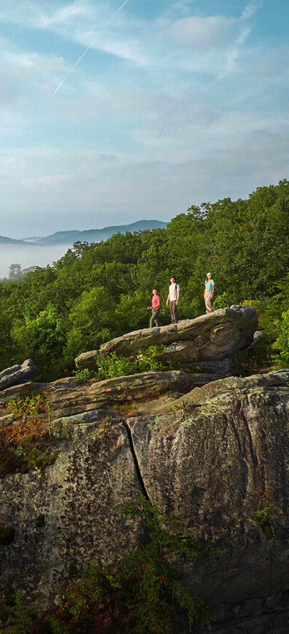 Three hikers standing on a large rock outcrop above a forested ridge, with morning fog filling the valley behind them