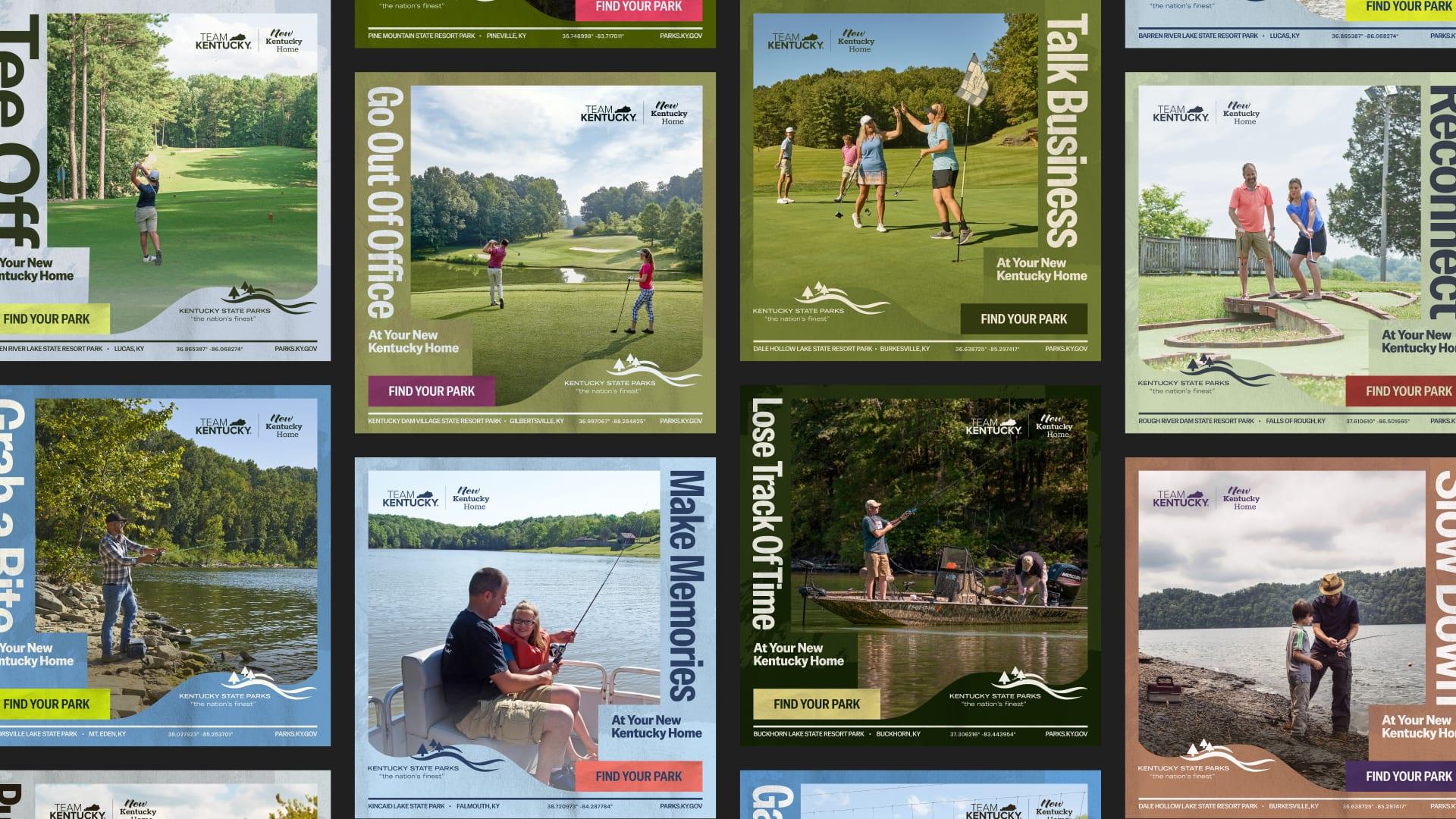 Grid of Kentucky State Parks social ads with activity headlines such as Tee Off, Go Out Of Office, Talk Business, Reconnect, Grab a Bite, Make Memories, Lose Track Of Time and Slow Down, each ending in a Find Your Park button