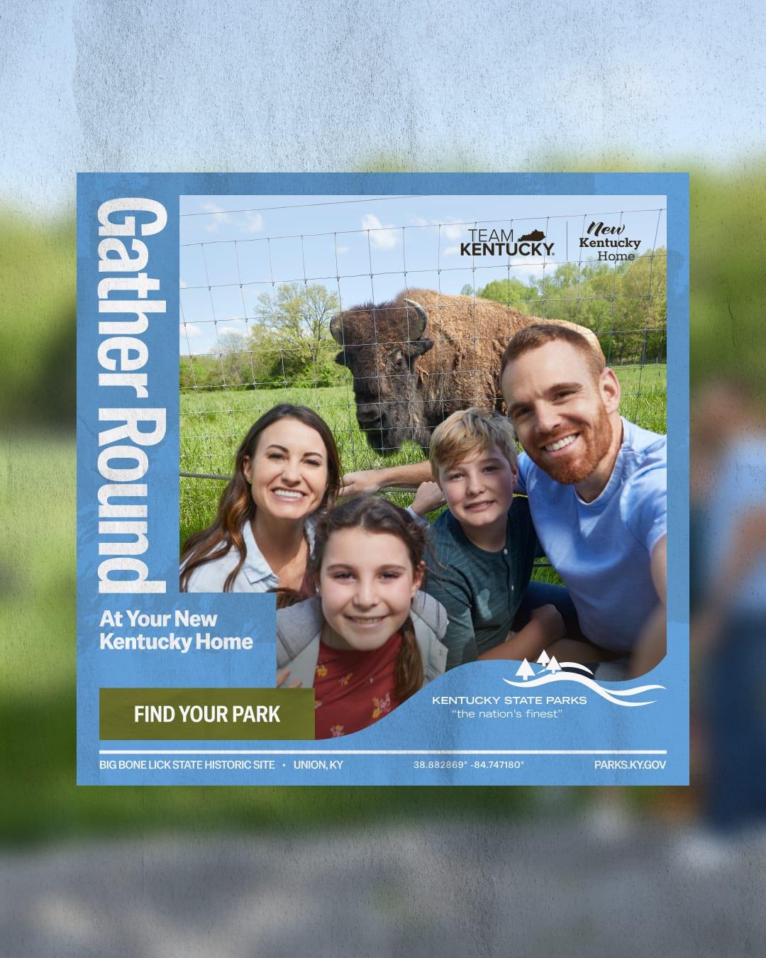 "Gather Round" ad showing a smiling family taking a selfie in front of a bison at Big Bone Lick State Historic Site