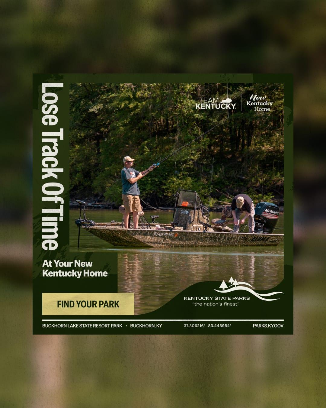 "Lose Track Of Time" ad showing two anglers fishing from a boat on Buckhorn Lake