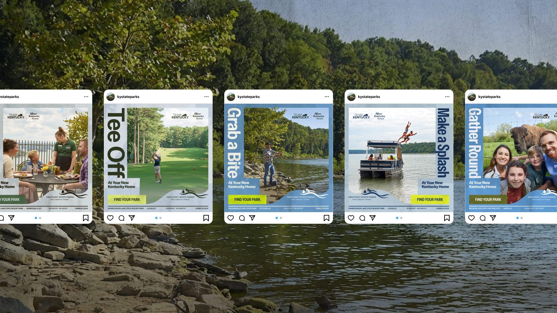 Row of kystateparks Instagram posts — Tee Off, Grab a Bite, Make a Splash and Gather Round — over a photo of a wooded lakeshore