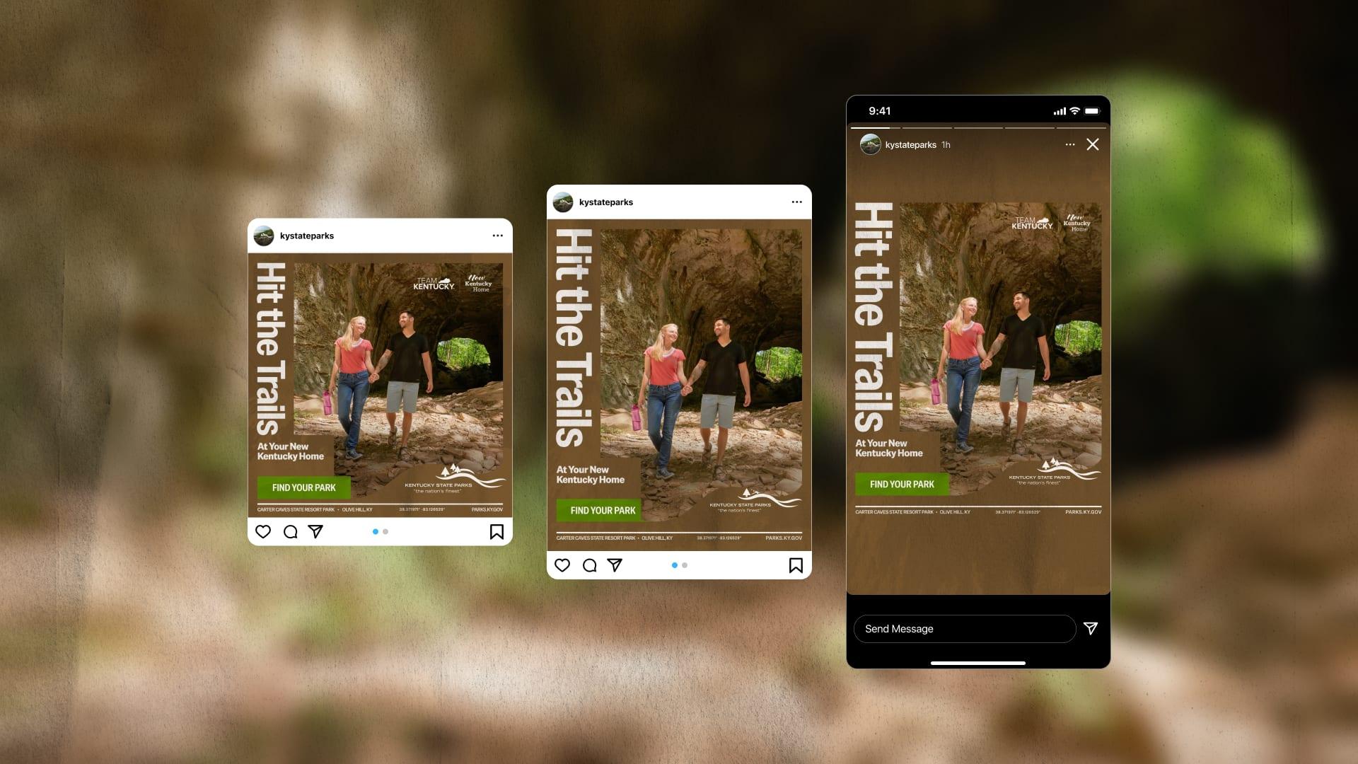 "Hit the Trails" ad for Carter Caves State Resort Park shown as two Instagram posts and an Instagram story on a phone, featuring a couple walking out of a cave