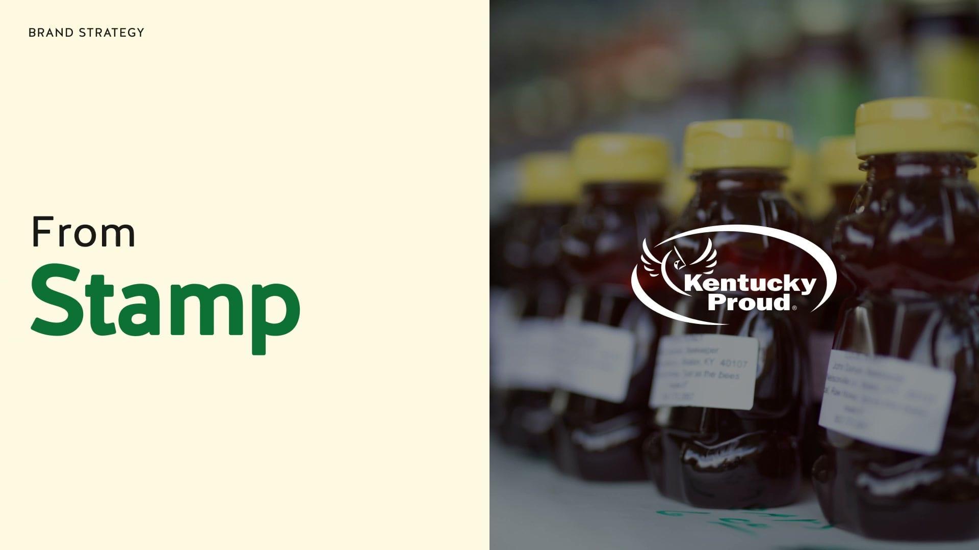 "Brand Strategy: From Stamp" beside jars of Kentucky-made syrup carrying the Kentucky Proud logo