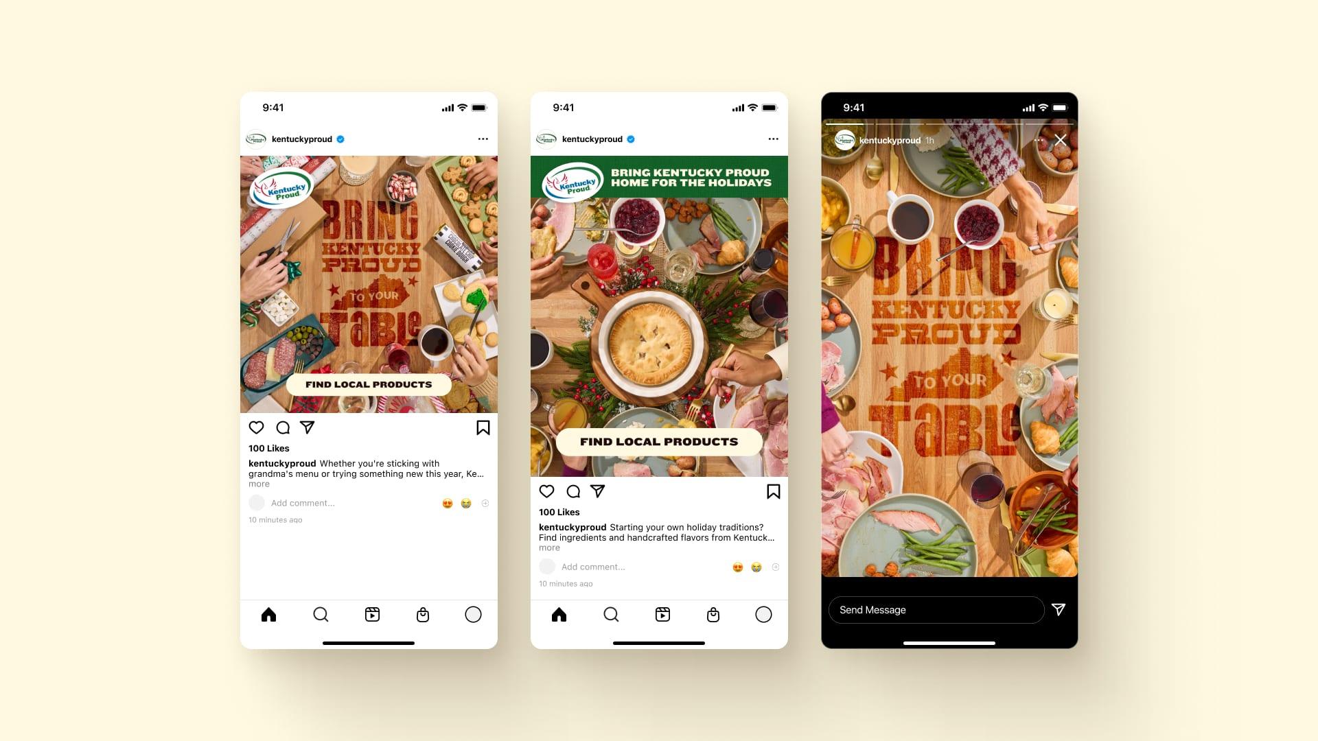 Three Kentucky Proud Instagram posts for the holiday campaign, "Bring Kentucky Proud to your table," over a cream background