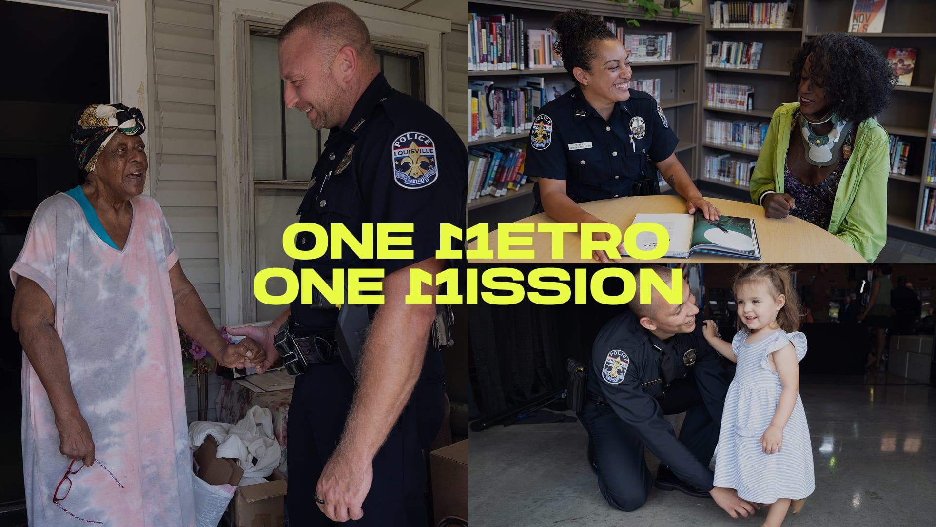One Metro One Mission campaign collage of officers with community members: greeting an older resident, reading with a student and kneeling with a toddler