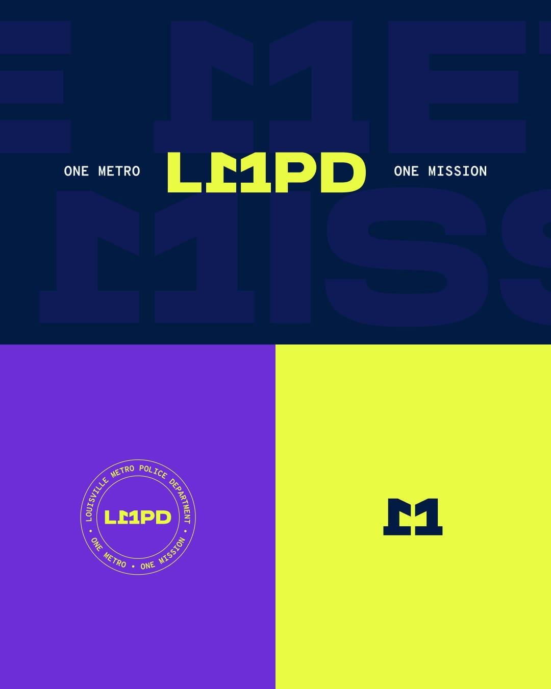 LMPD brand identity: One Metro One Mission lockup, circular Louisville Metro Police Department seal and the M monogram in purple and yellow
