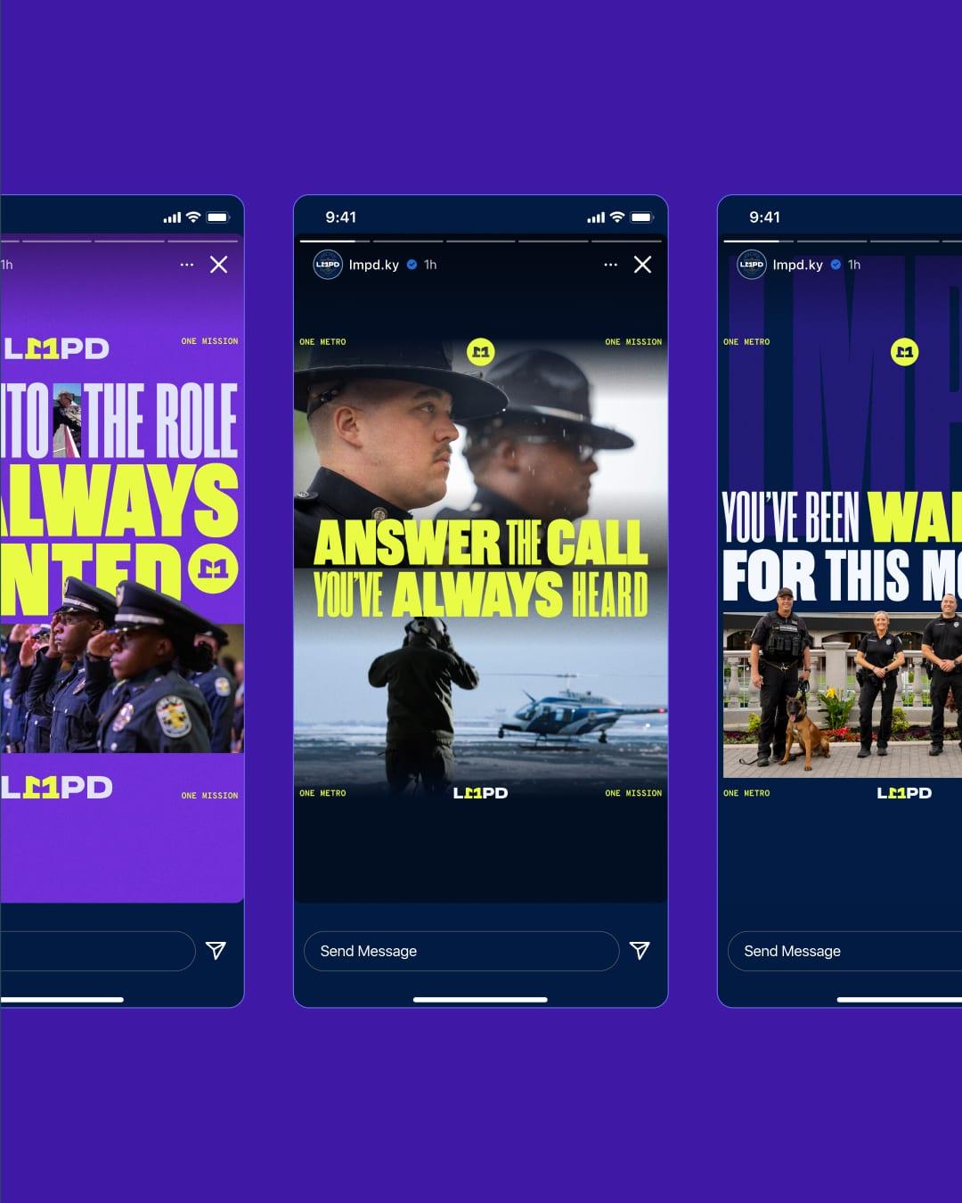 Three LMPD Instagram story designs with the lines Answer the call and You've been waiting for this