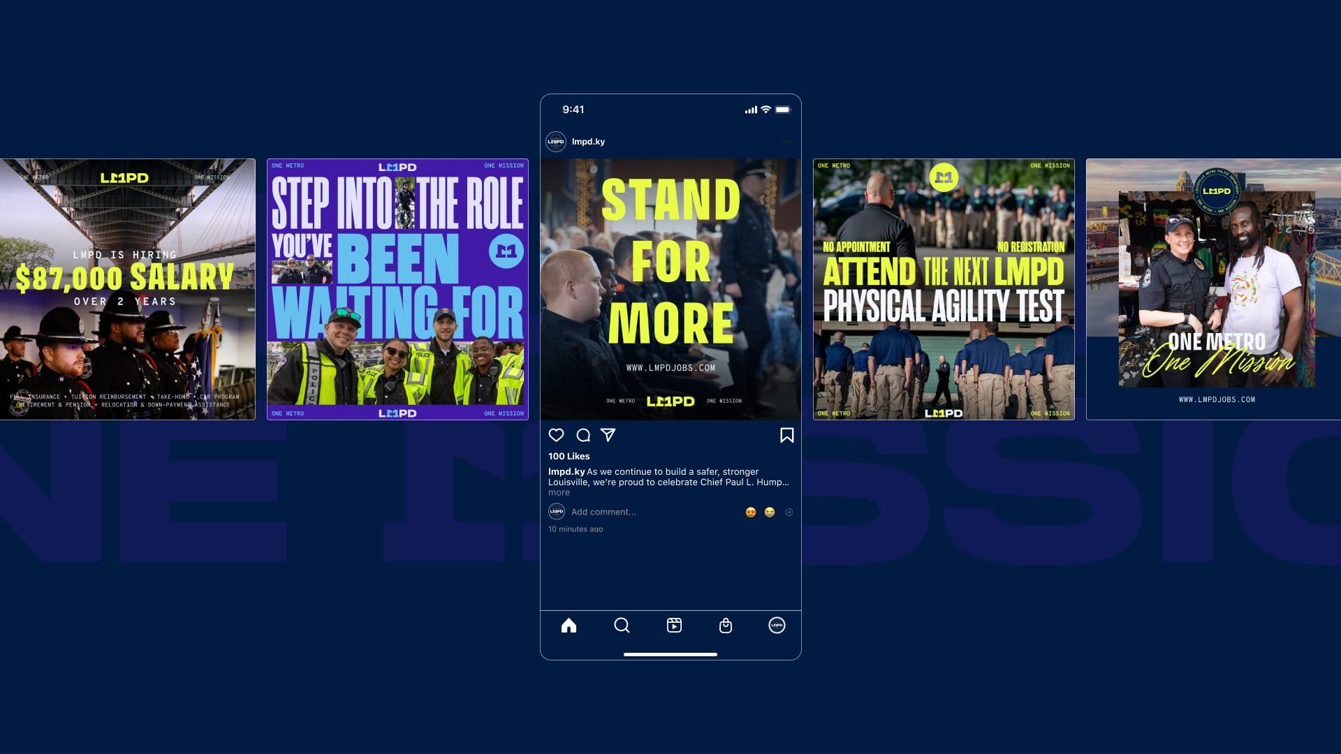Row of LMPD recruitment social posts including Stand for more, salary and physical agility test announcements