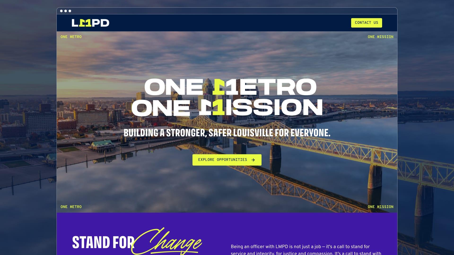 LMPD recruitment website homepage with the One Metro One Mission headline over the Louisville riverfront