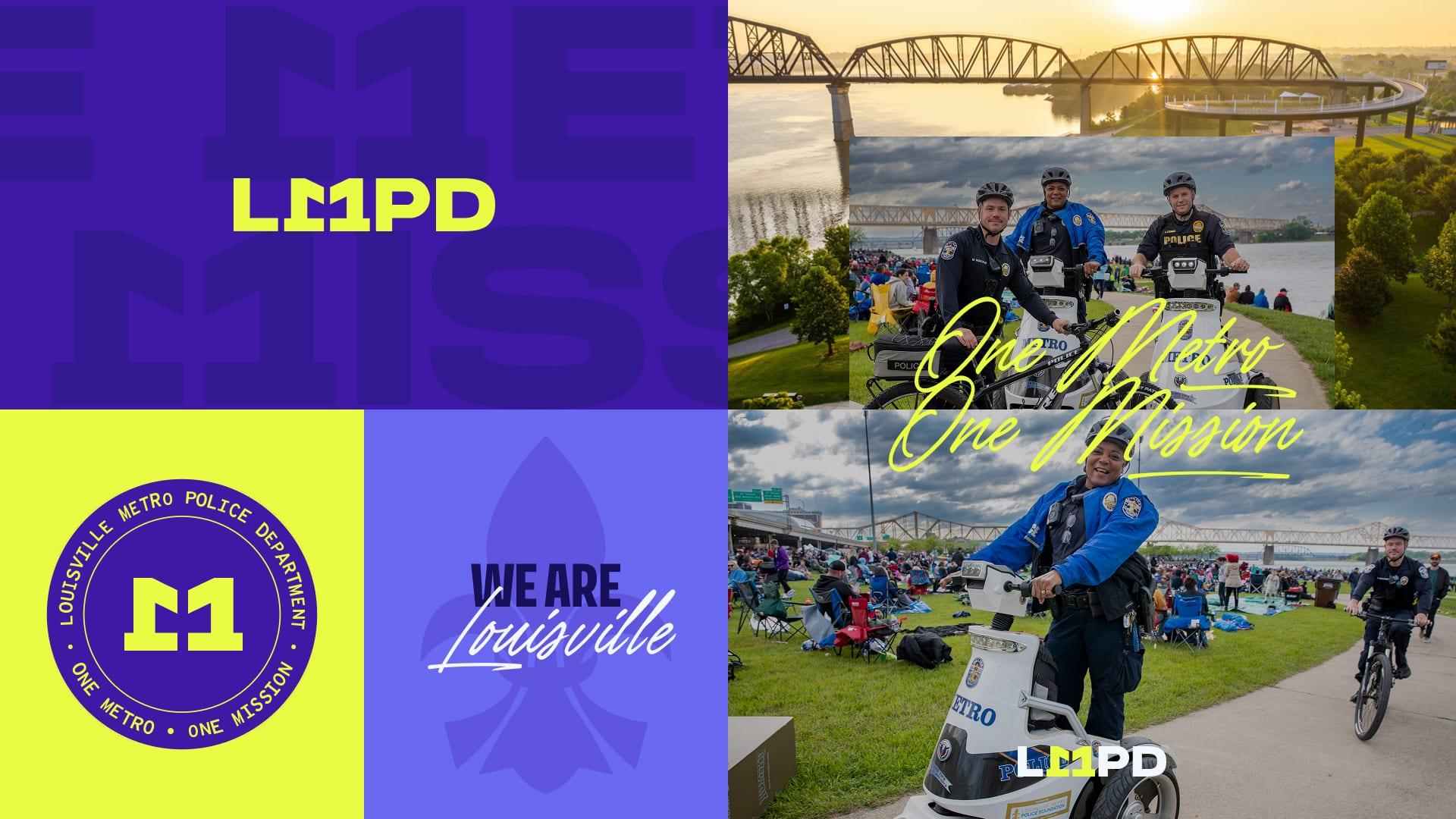 LMPD brand board combining the logo, seal, We Are Louisville mark and photos of bike officers at a riverfront event