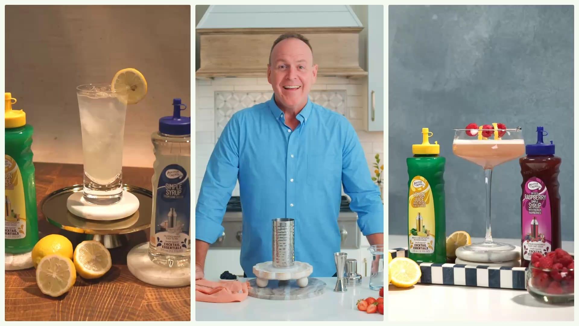 Three recipe video stills: a lemon highball with Master of Mixes Simple Syrup, the host at a mixing station, and a raspberry cocktail with Master of Mixes syrups