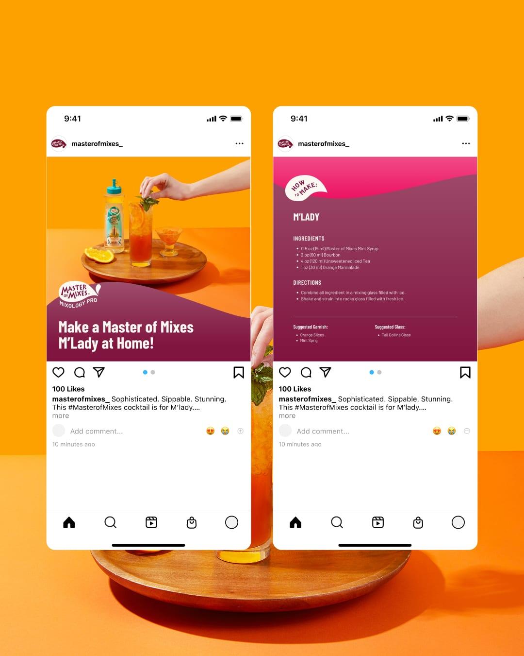 Two Master of Mixes Instagram posts on an orange background inviting fans to make a cocktail at home