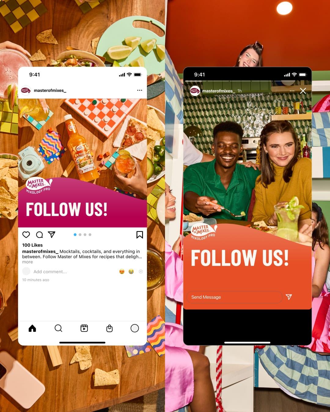 Phones showing Master of Mixes "Follow Us!" social posts over a colorful party spread