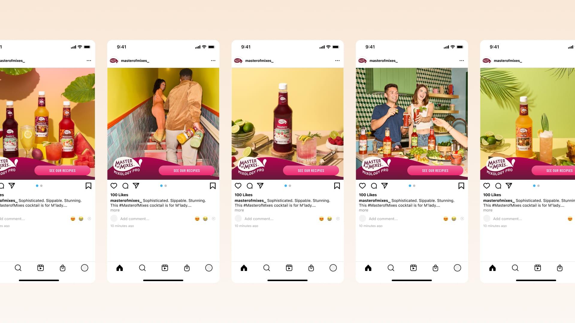 A row of Master of Mixes Instagram post mockups featuring bottles and people making cocktails