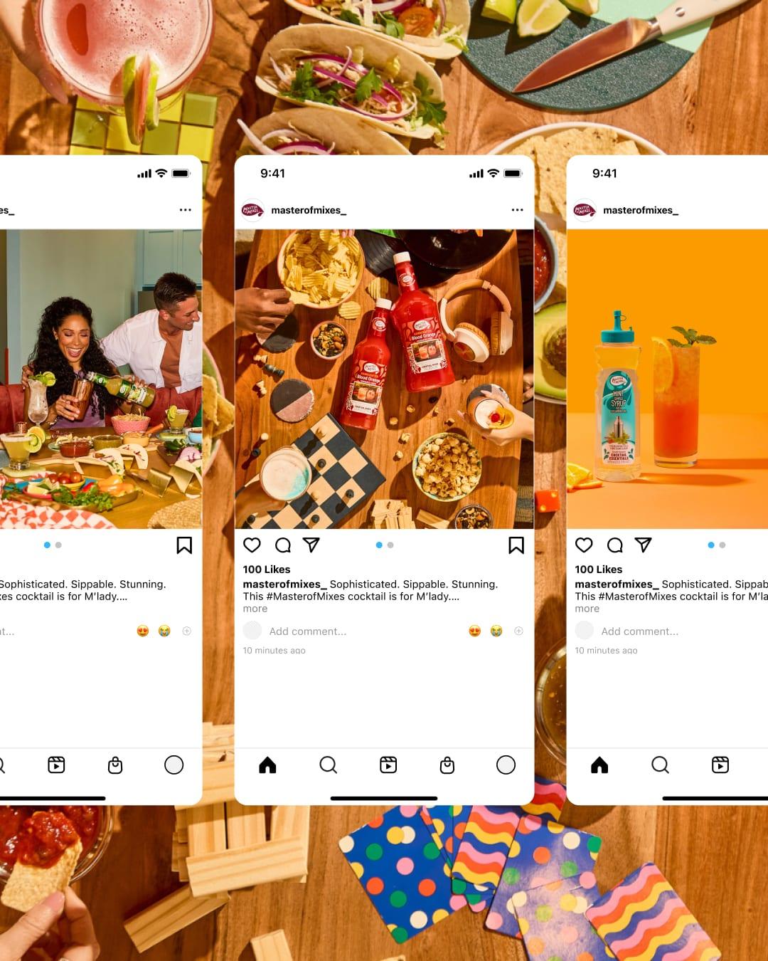 Master of Mixes Instagram post mockups over a table of food and cocktails