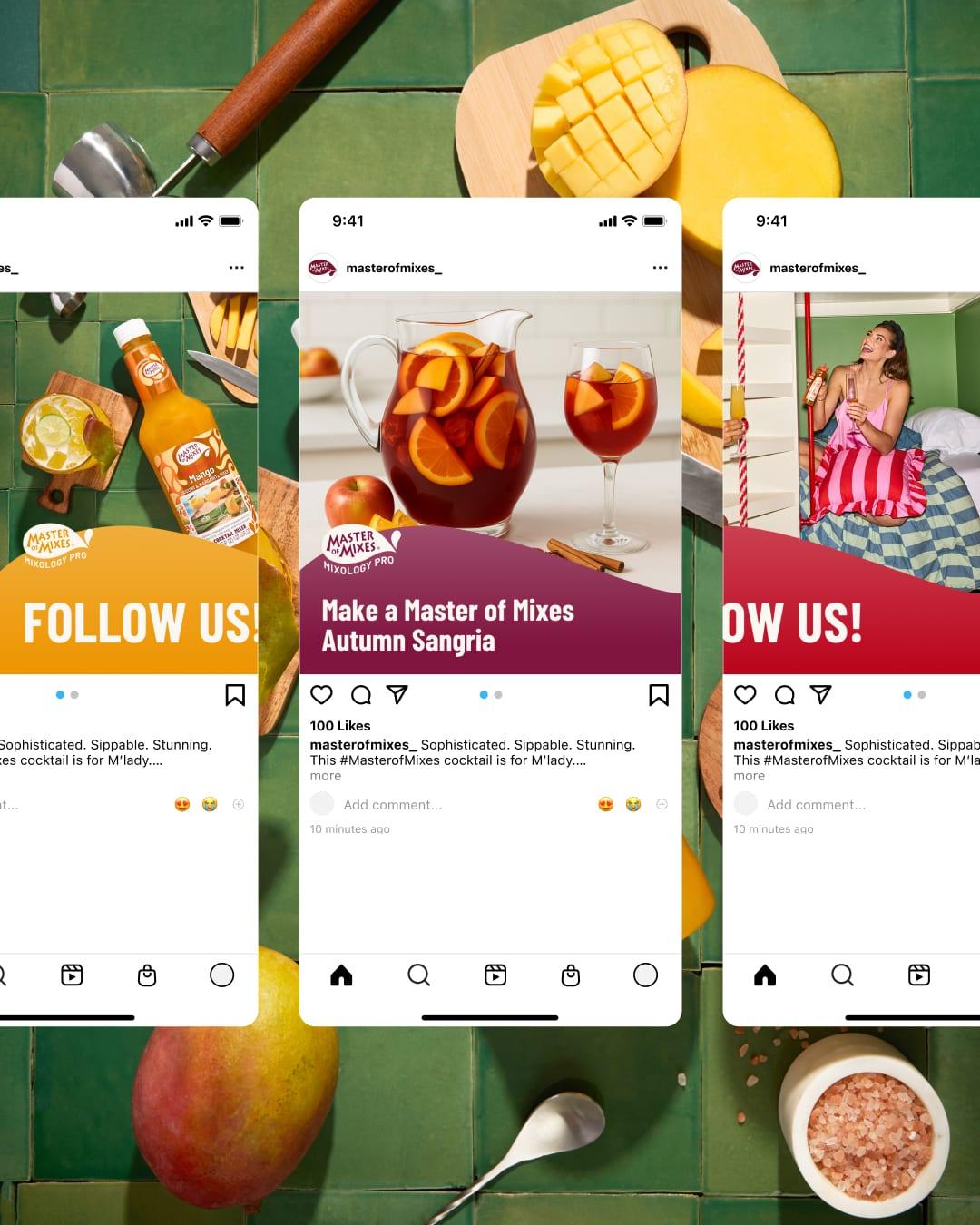 Master of Mixes Instagram posts including "Make a Master of Mixes Autumn Sangria" and "Follow Us!"