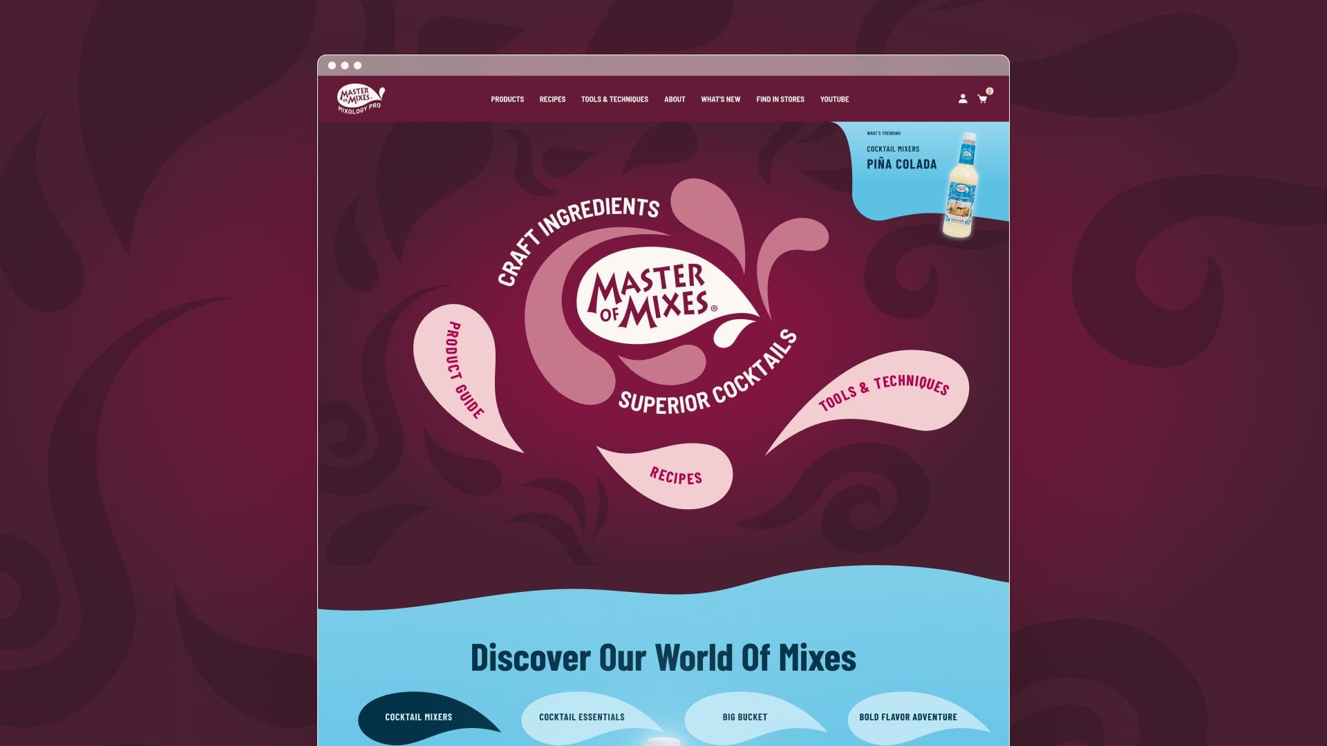 Master of Mixes homepage with the "Craft Ingredients, Superior Cocktails" splash on a deep maroon background