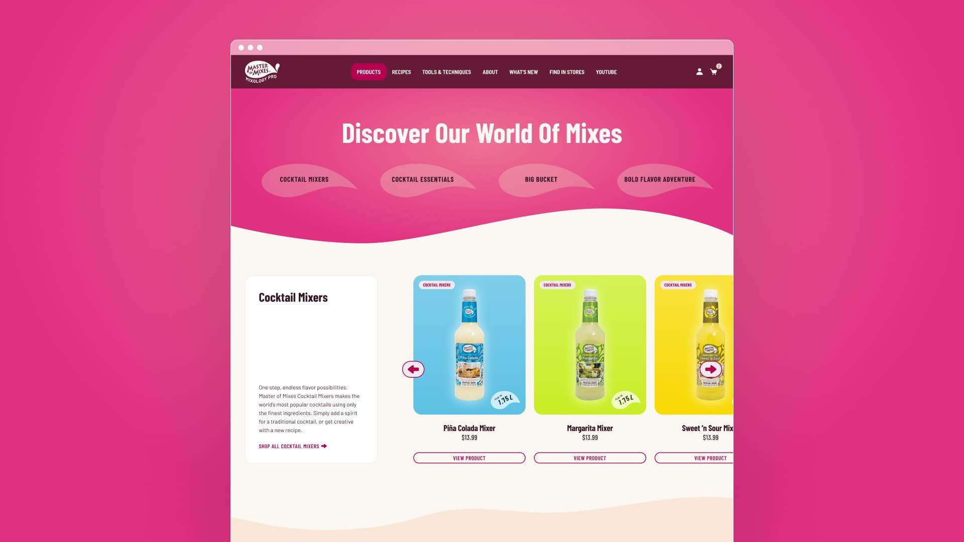 Master of Mixes "Discover Our World of Mixes" page showing cocktail mixer bottles on pink