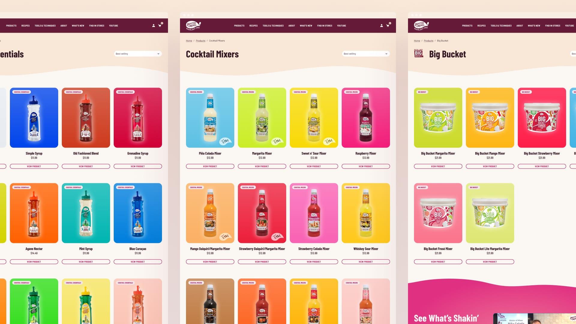 Master of Mixes product listing pages for cocktail mixers and Big Bucket mixes