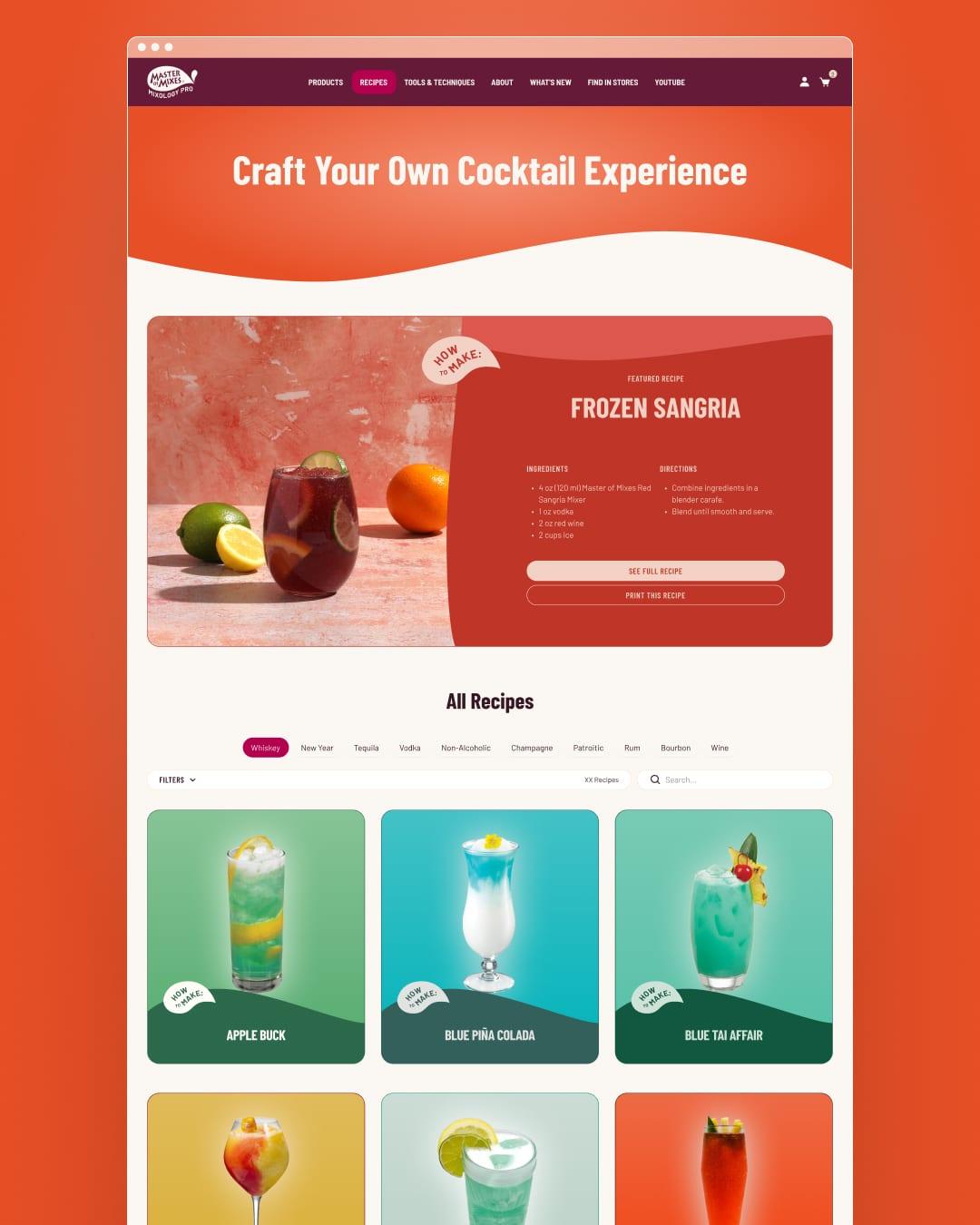 Recipe library page headed "Craft Your Own Cocktail Experience" with a Frozen Sangria feature
