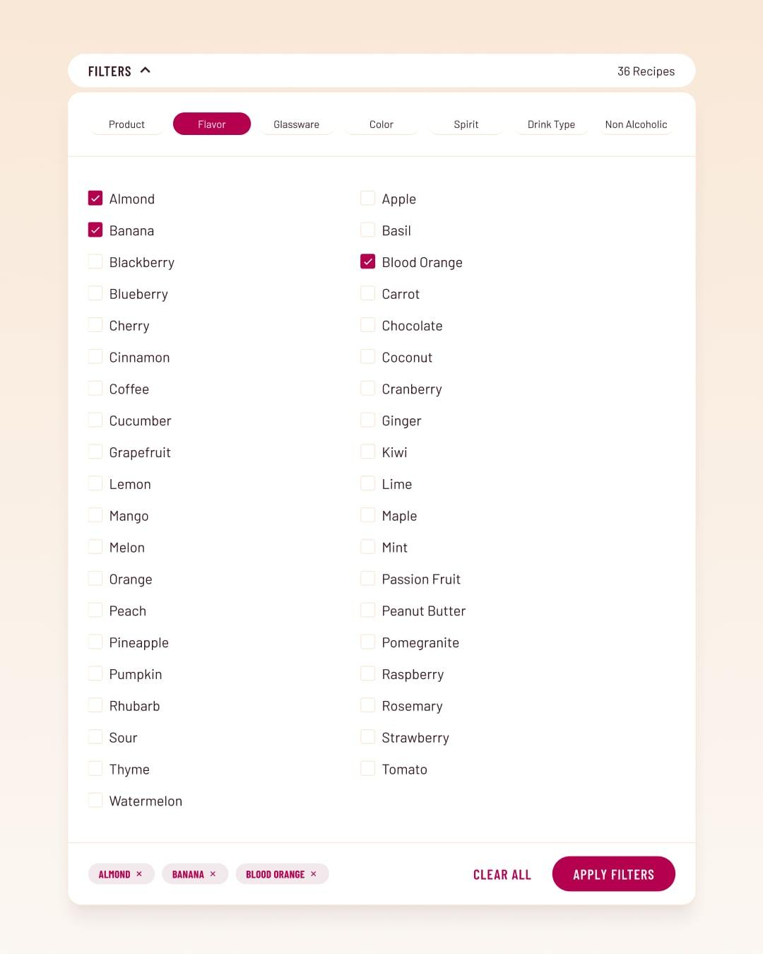 Recipe filter panel listing flavors such as Apple, Banana and Blood Orange
