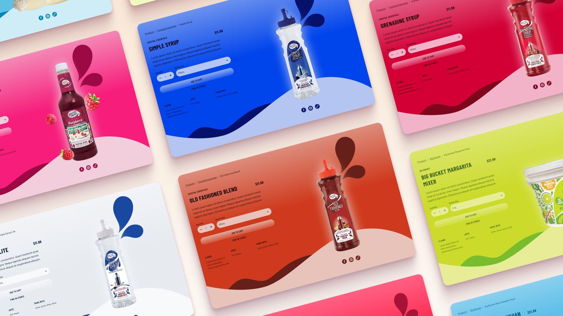 Angled collage of colorful Master of Mixes website product and recipe cards