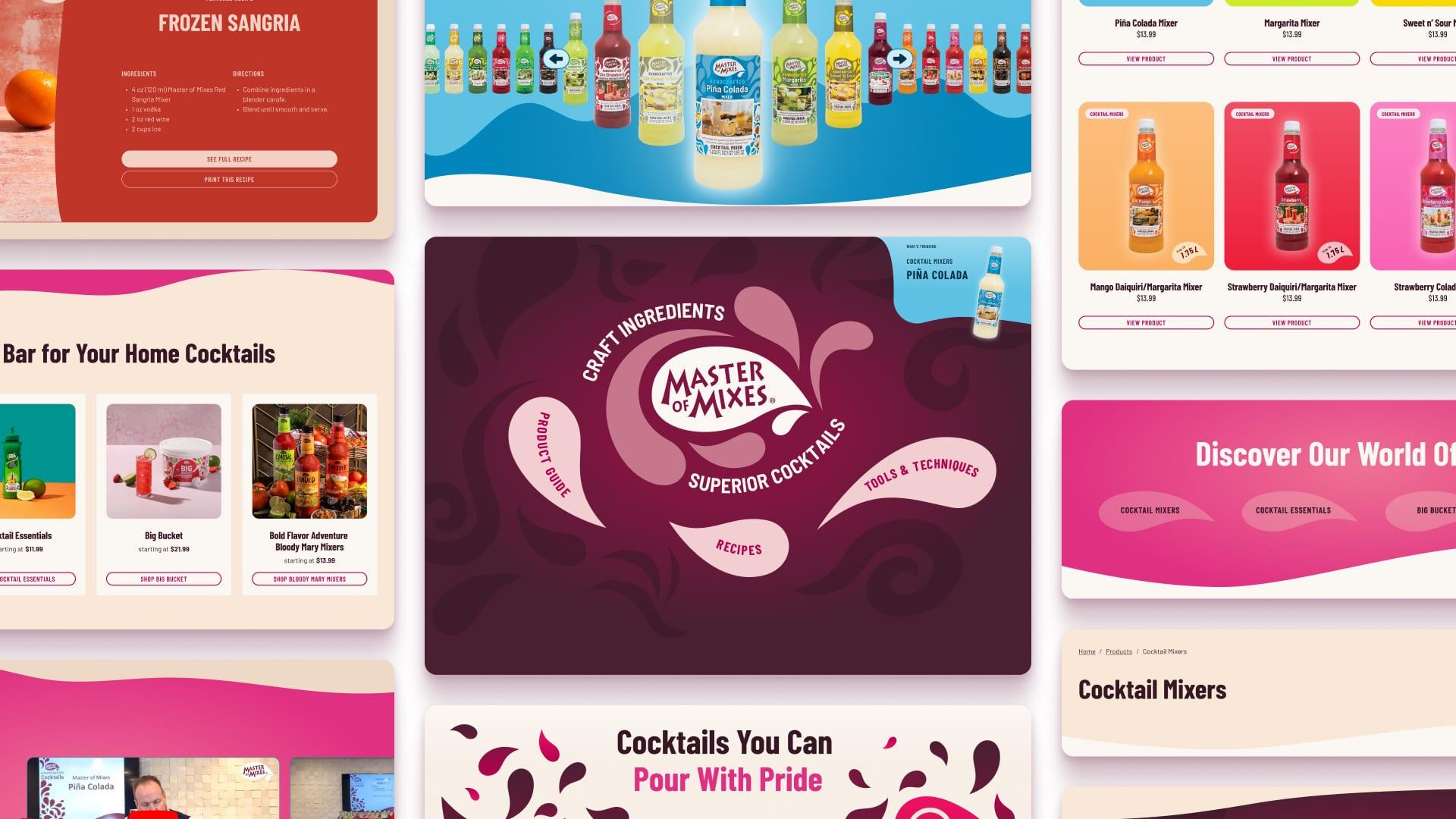 Collage of Master of Mixes website sections including Frozen Sangria, home bar cocktails and cocktail mixers