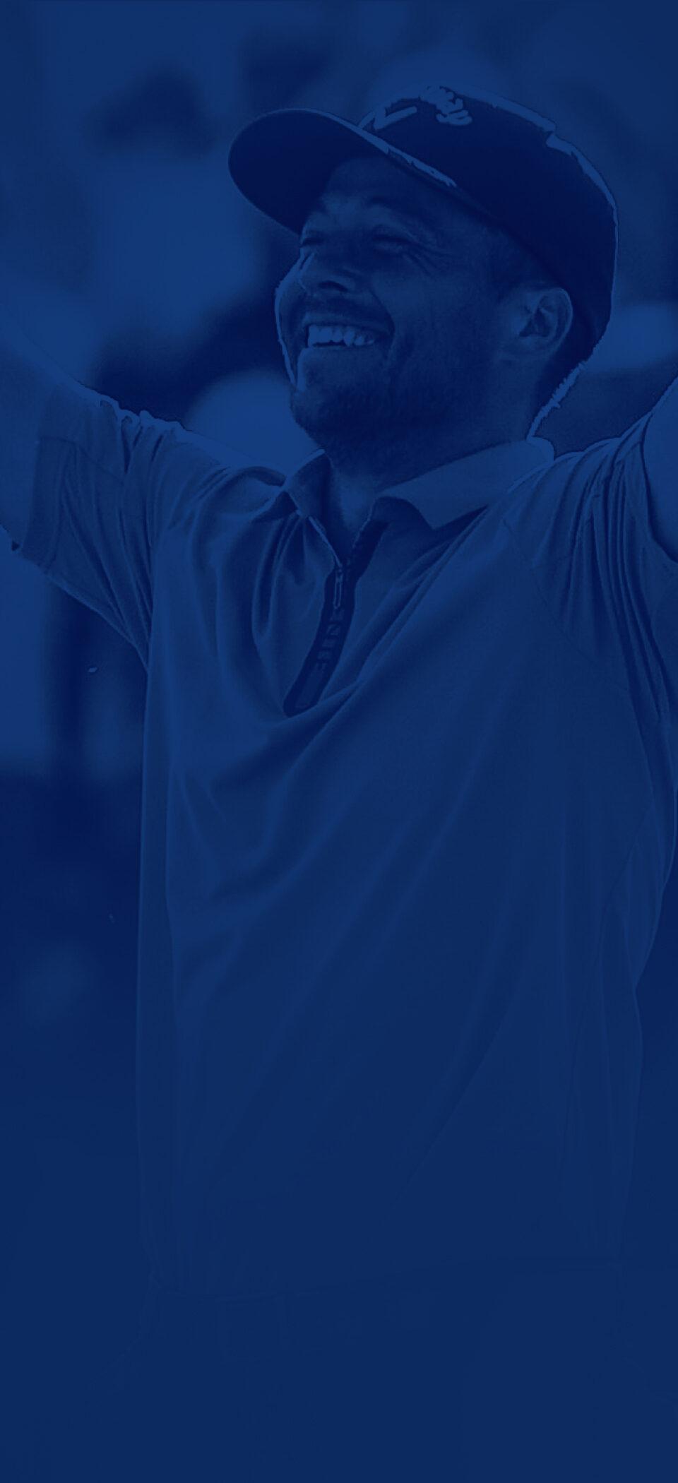 PGA of America logo over a blue-toned photo of a smiling golfer celebrating with his arms raised