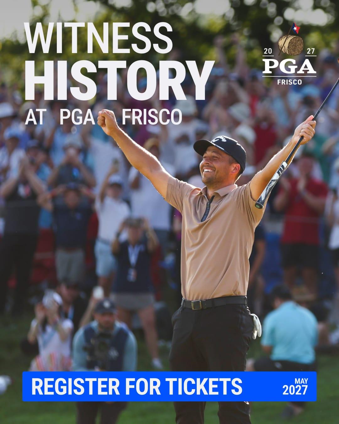 2027 PGA Championship ad: a golfer raising both arms in celebration under "Witness History at PGA Frisco" with a Register for Tickets button