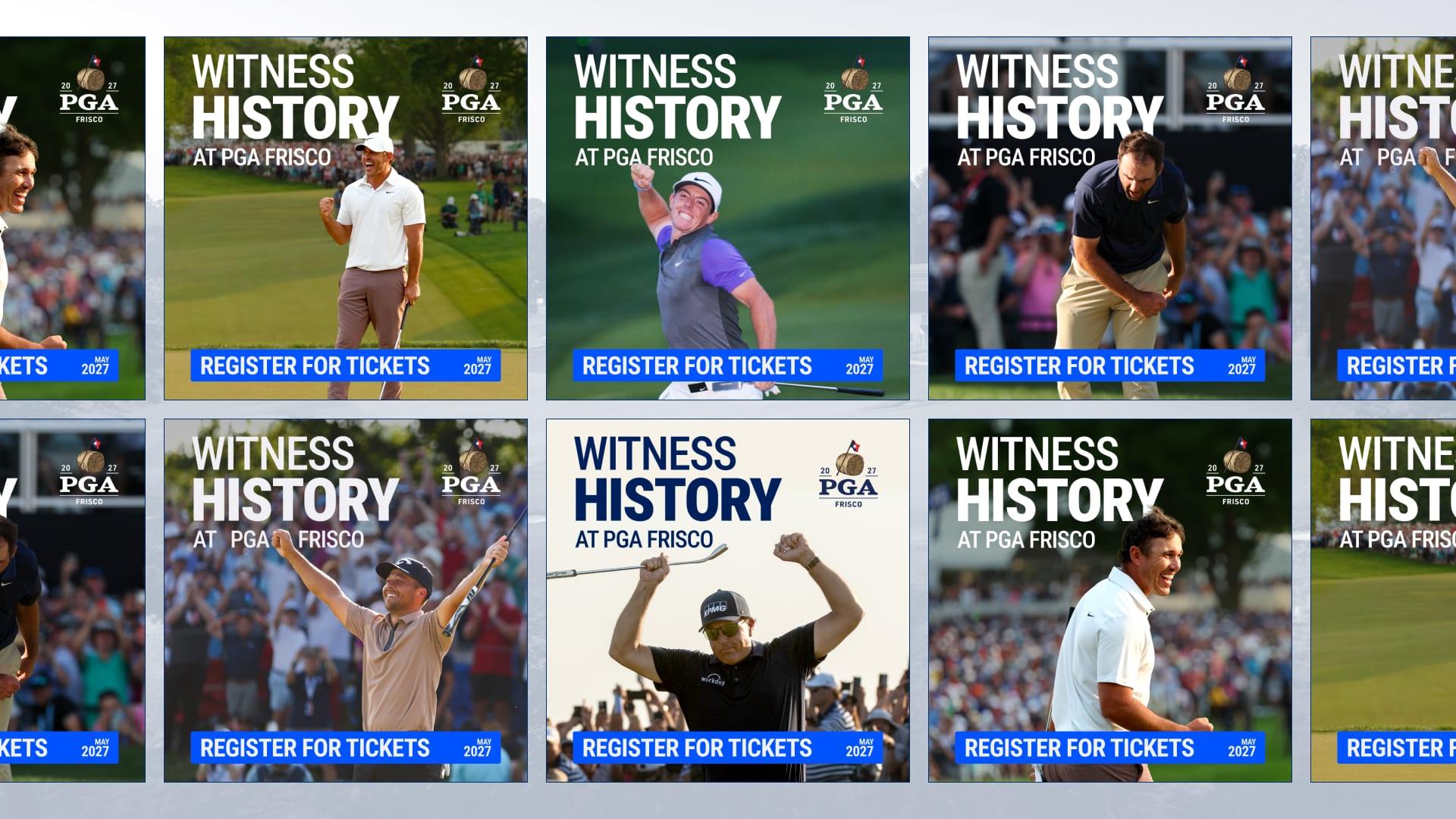 Grid of "Witness History at PGA Frisco" social ads, each showing a different golfer celebrating in front of a crowd