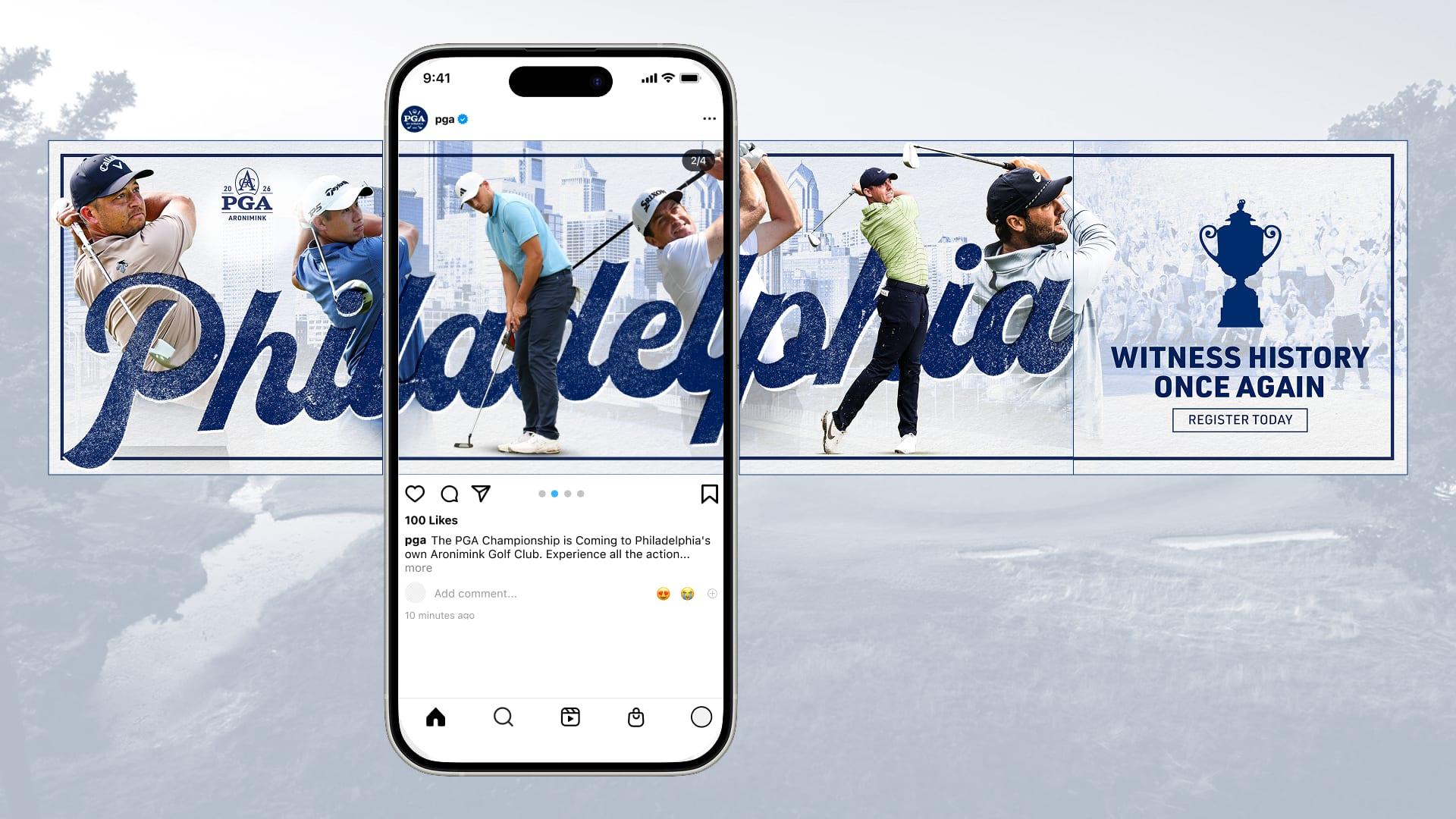 Instagram post mockup on a phone in front of a wide 2026 PGA Championship banner: "Philadelphia" in script across golfers, with "Witness History Once Again"